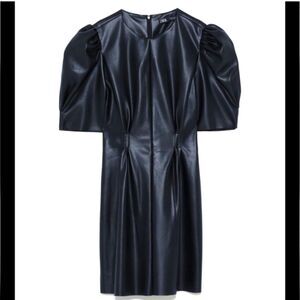Zara Black Faux Leather Puff Sleeve Mini Dress